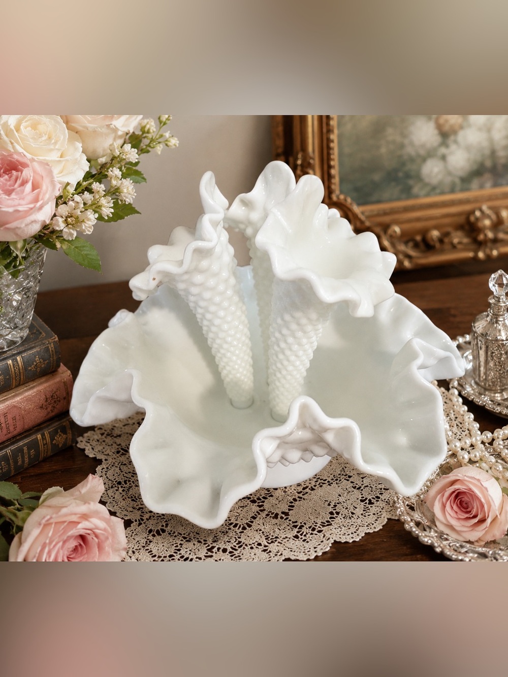Vintage White Hobnail Milk Glass Epergne Centerpiece